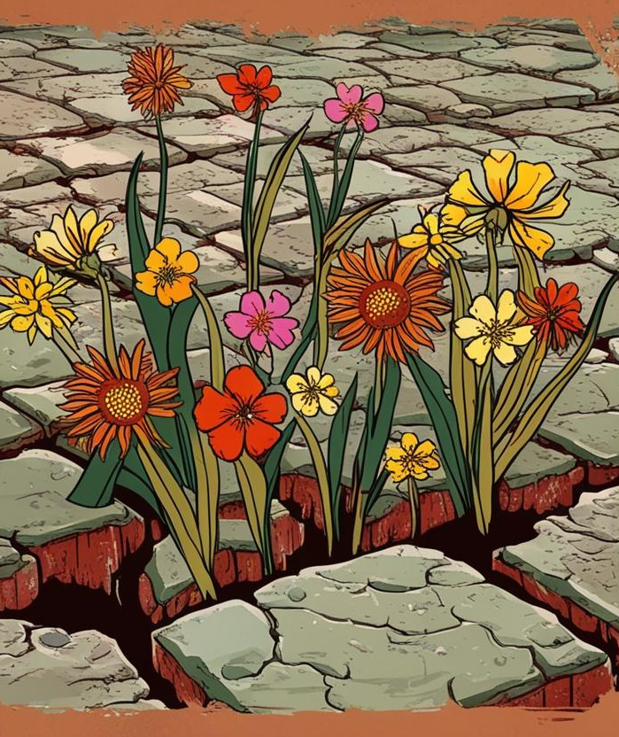 Illustration : des fleurs qui poussent entre des pavés