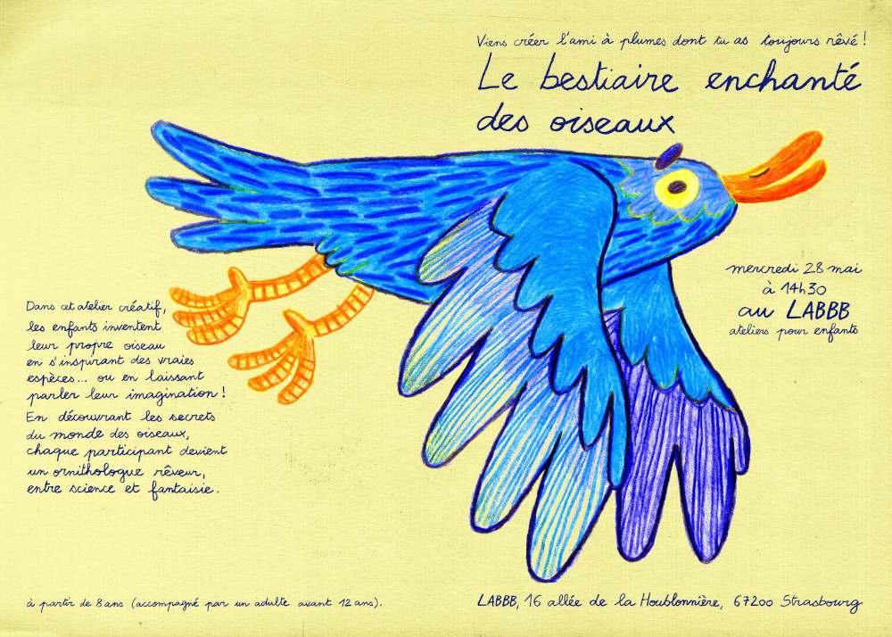 L'affiche annonçant l'atelier "Le bestiaire enchanté des oiseaux"