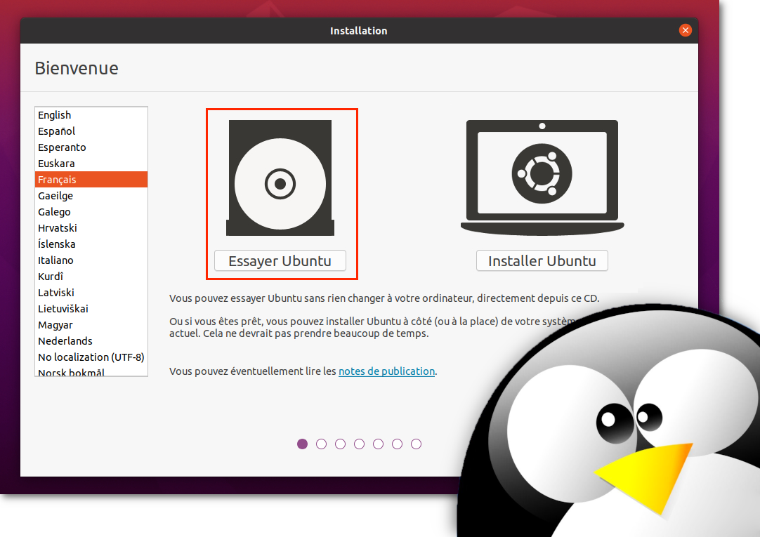 Une capture d'écran d'ordinateur qui propose de tester le système d'exploitation Linux