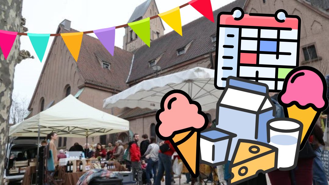 Photo d'un stand du marché et des illustrations : un agenda, des crèmes glacées, des produits laitiers